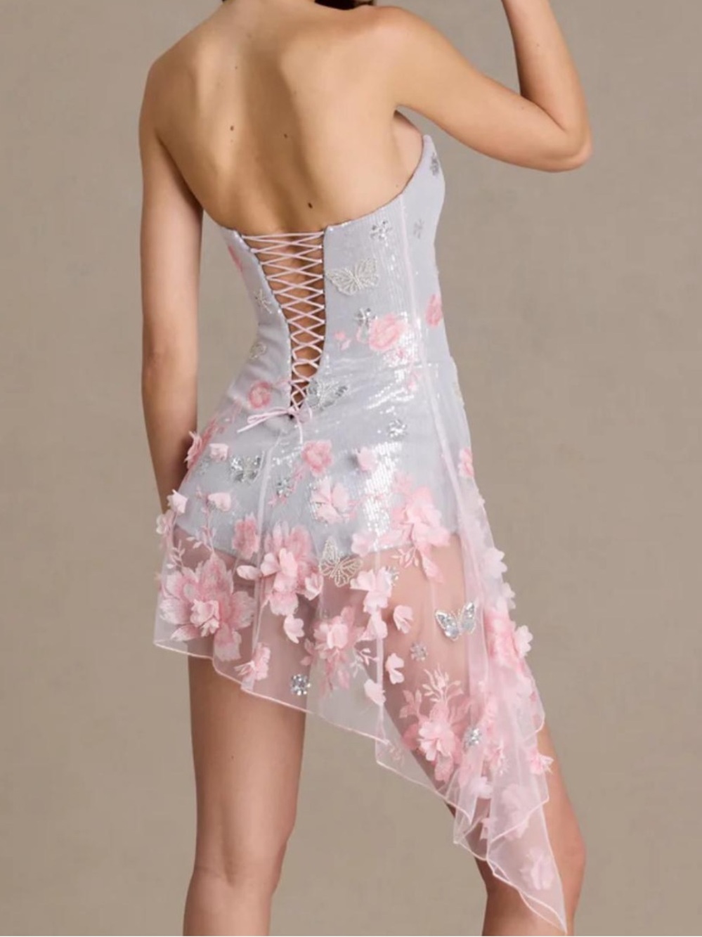 Strapless Silver Mini Dress with Pink Floral Appliqué - Picture 2 of 2